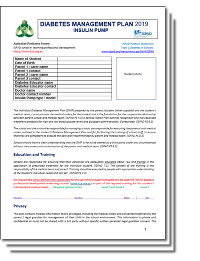 DIABETES MANAGEMENT PLAN 2018 INSULIN PUMP