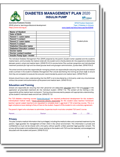 DIABETES MANAGEMENT PLAN 2020 INSULIN PUMP
