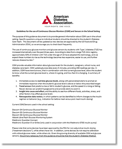 CGM Guidelines at School – American Diabetes Association 2019