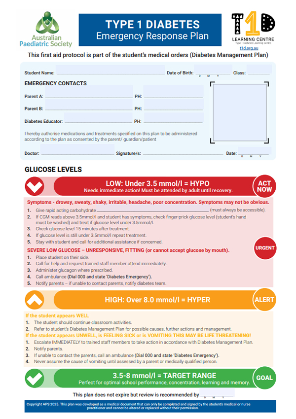 APS T1D Emergency Response Plan (lower limit 3.5mmol/l) 2025
